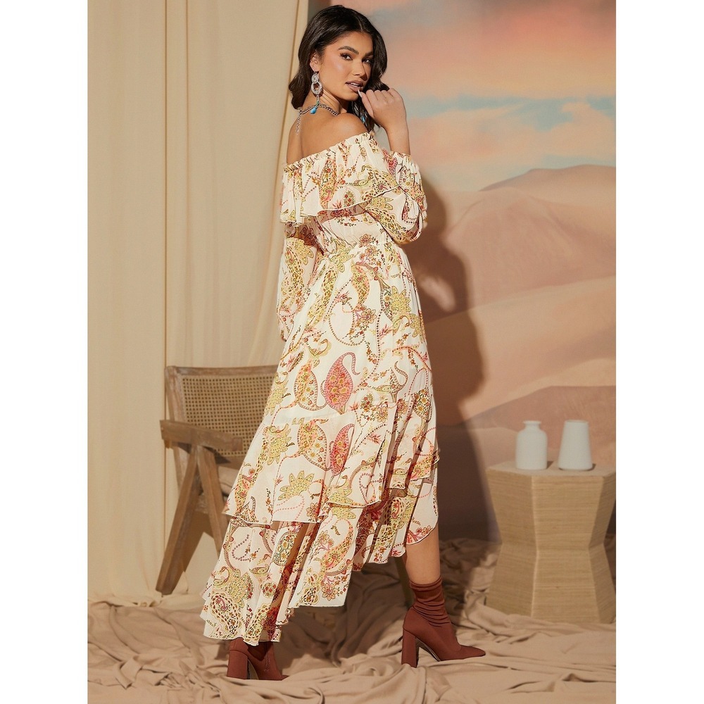 Floral Maxi Dress L Cream Ruffle Boho Feminine Beach Vacation Summer Cottagecore
